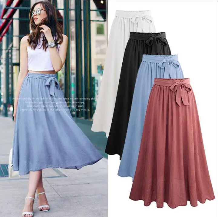 

Skirts Womens Elegant Vintage Summer Elastic Waist Ruffle Plus Size Solid Ladies Casual Long Beach Skirts With Tie 4XL Pleated