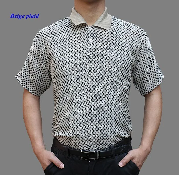 Натуральный шелк мужская футболка, чистый шелк крепдешин с коротким рукавом Футболка мужская, шелк Мужская футболка, шелковые мужские топы - Цвет: Beige plaid
