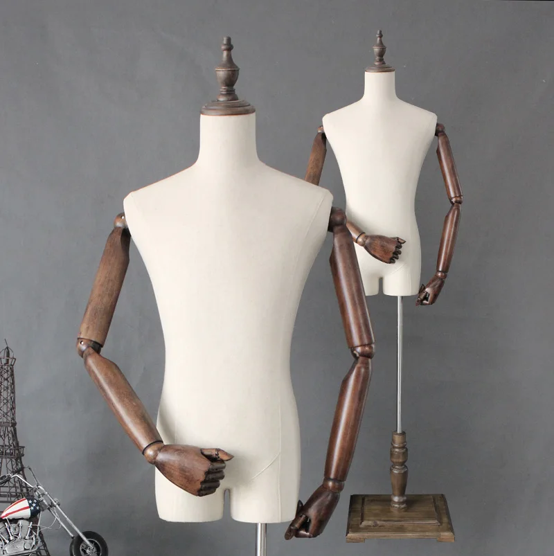 

Half body fiberglass men's clothes fabric male mannequin with wooden arms