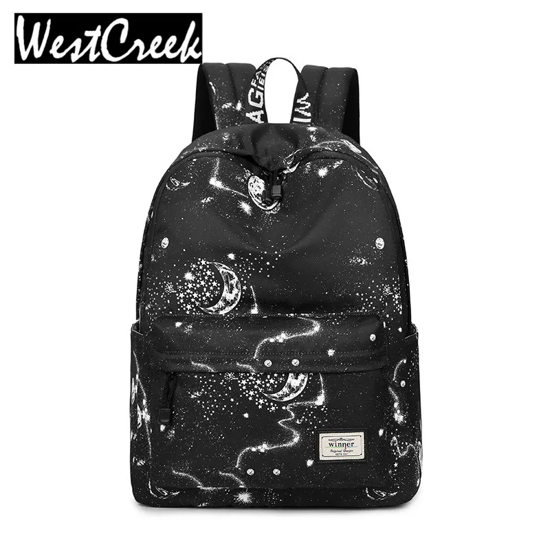 Fashion Women Backpack School Bag Black Stars Sky Space Pattern Printing Waterproof Bagpack Large Capacity Bookbag