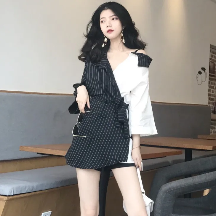 

Korean Elegant OL Ladies Stripe Suit Strap V-Neck Off Shoulder Patchwork Block Color Tie Bow Belt High Waist Slim Shirt Blouse T