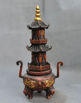 

wedding decoration 17" Tibet Buddhism Bronze Gild Dragon Buddha Tower Statue Incense burner Censer