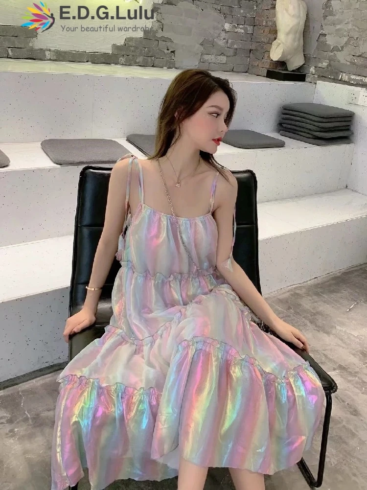 EDGLulu/Радужное платье с открытыми плечами; летнее платье ; Модные Вечерние Платья-миди; Новое поступление; платье-комбинация