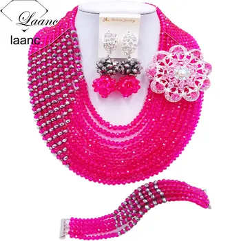

Laanc Fuchsia Pink Silver African Wedding Beads Nigerian Jewelry Set for Women Free Shipping C10JK091