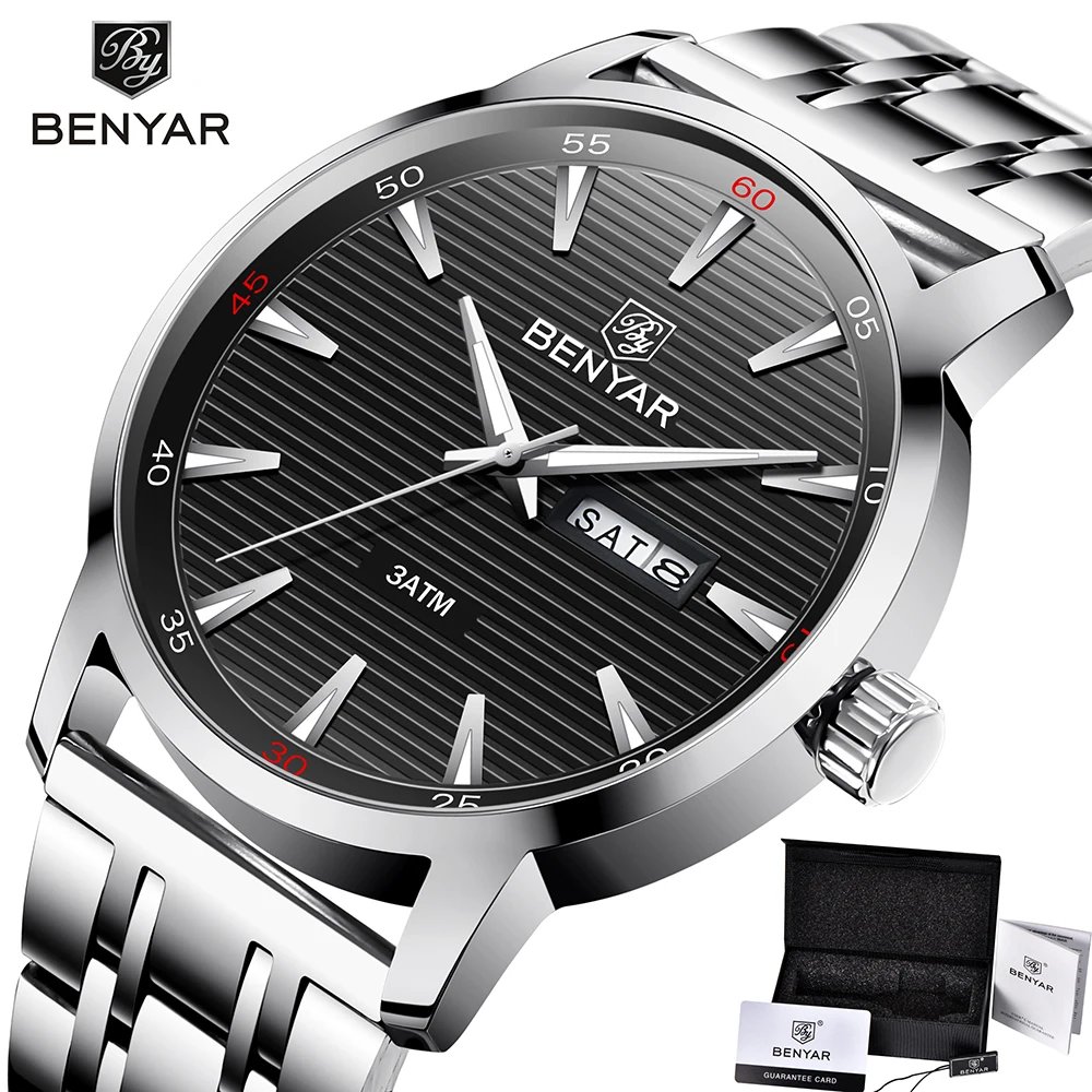 

BENYAR Business Mens Watches Fashion Dress Quartz Watch Men Waterproof Stainless Steel Clock Male Calendar erkek kol saati 2019