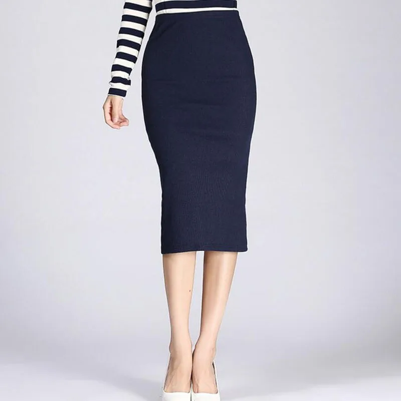 Danjeaner Stretch Slim Knitted Skirts Womens High Elastic Package Hip Mid-Calf Solid Pencil Skirt Lady Rib Cotton Maxi Skirts
