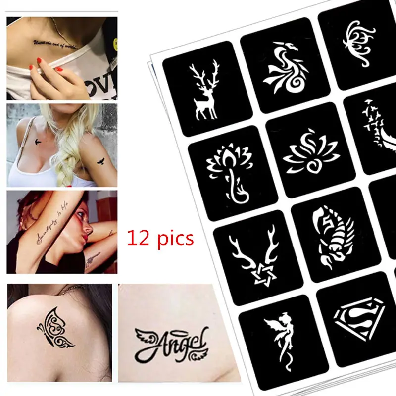 

12 pics Henna Tattoo Stencils DIY Jagua Drawing Templates Airbrush Painting Mehndi Body Art Small Flash Tatto Stencil C31