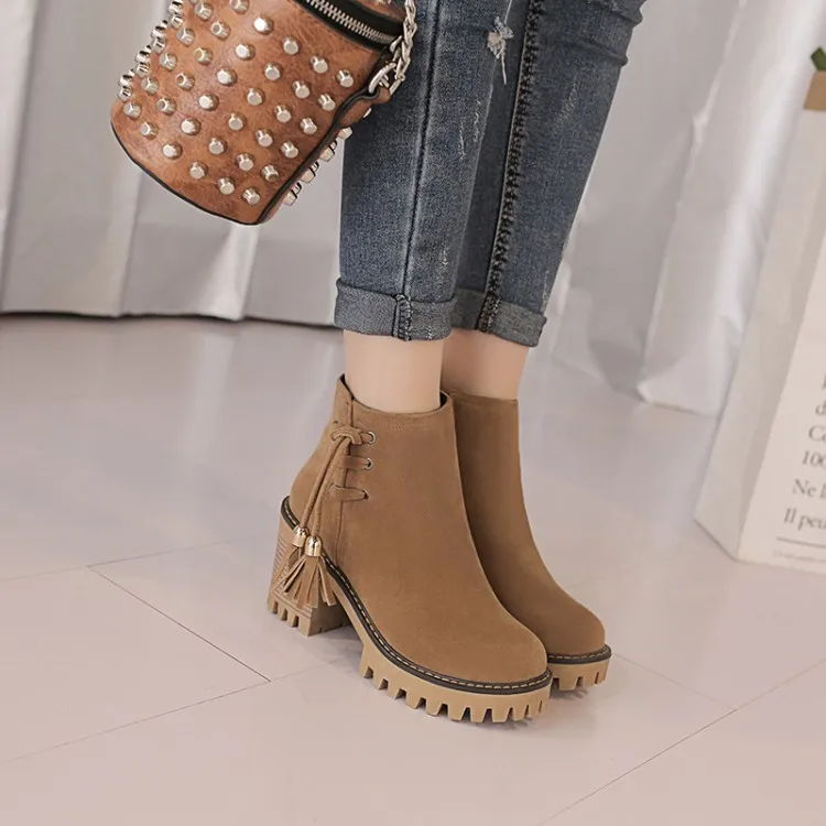 

Big Size 11 12 13 Euro-American wind round head waterproof platform square heel side zipper fringed boots