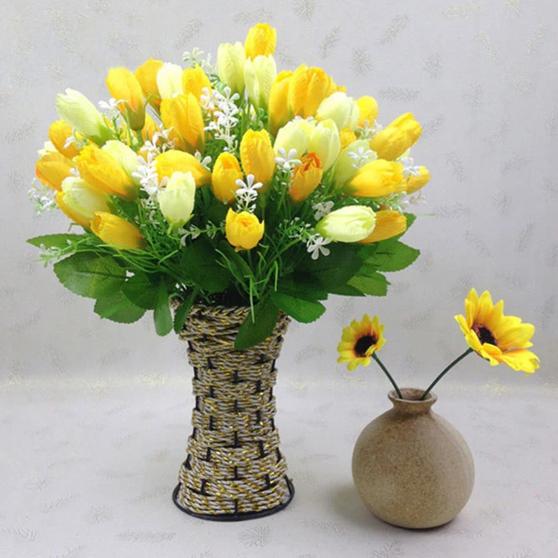 15Heads Mini Tulip Bouquets Flowers With Green Leaves artificial