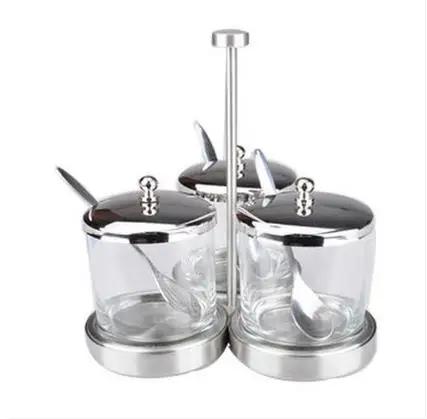 

Kitchen Tableware Sugar Pots Portable glass flavor pot Seasoning salt shaker caster bottle with shelf 4pcs/set free shipping