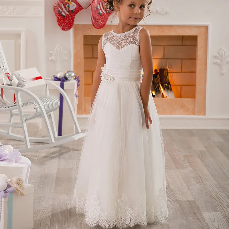 Кружевные платья без рукавов для маленьких детей с цветочным узором; платья для девочек на свадьбу; длинная летняя одежда для малышей; Vestido De Comunion
