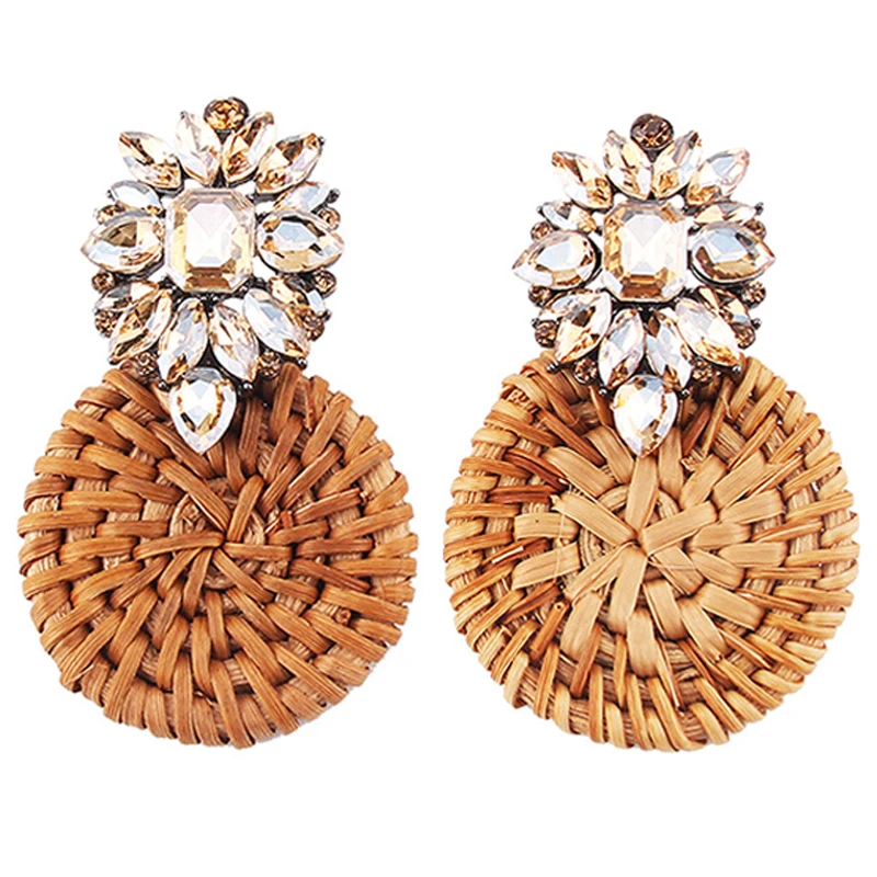

FYM Rhinestone Straw Circle Bohemian Lightweight Rattan Stud Earrings for Women