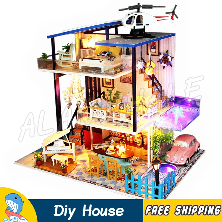 

Miniature Doll House Island Three-layer Villa DIY Wooden Dollhouse With Furnitures Adult Teenager Toys Model Building Gifts Sets
