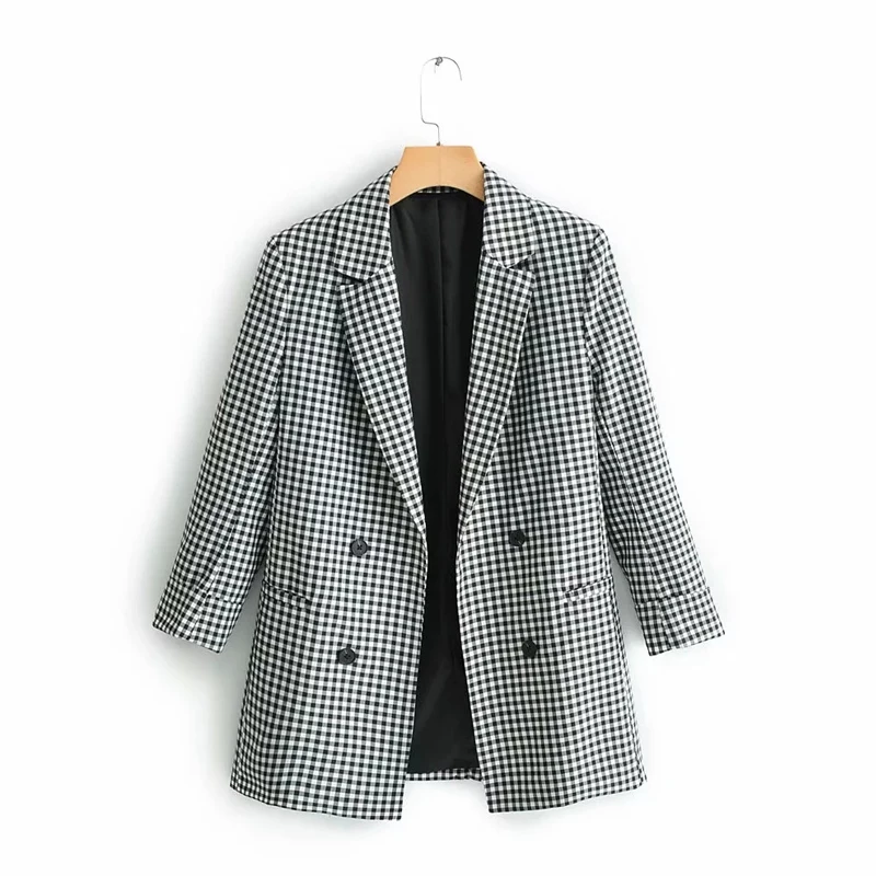 

2019 New Arrival Women Suit Blazer Double Breasted Plaid Turn-down Collar Ladies Outwear Jacket Blazers