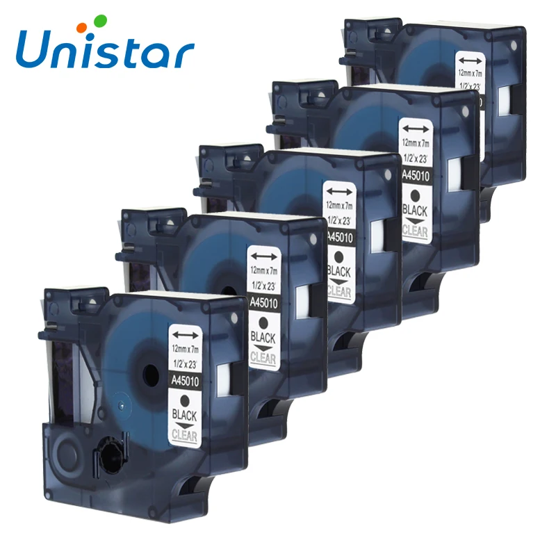 

UNISTAR 5PCS Dymo 45010 Labels Ribbons Compatible for Dymo D1 Black on Clear 12mm Labels for Dymo Printer