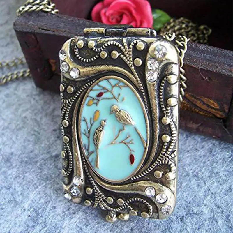 

Trendy Vintage Birds Photo Frame Box Pendant Necklace Can Open Rhinestone Frame Necklaces For Women Jewelry