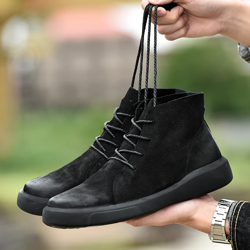 

Vintage Fashion Men's Chelsea Boots Autumn Winter Cowhide Leisure Shoes Round Toe Split Leather Ankle Boot Lace-up Work Shoes