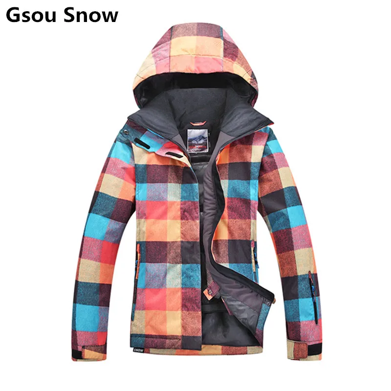 Gsou Snow winter ski jacket women snowboard jackets ski suit female ski wear chaquetas de esqui snow suits with orange checks