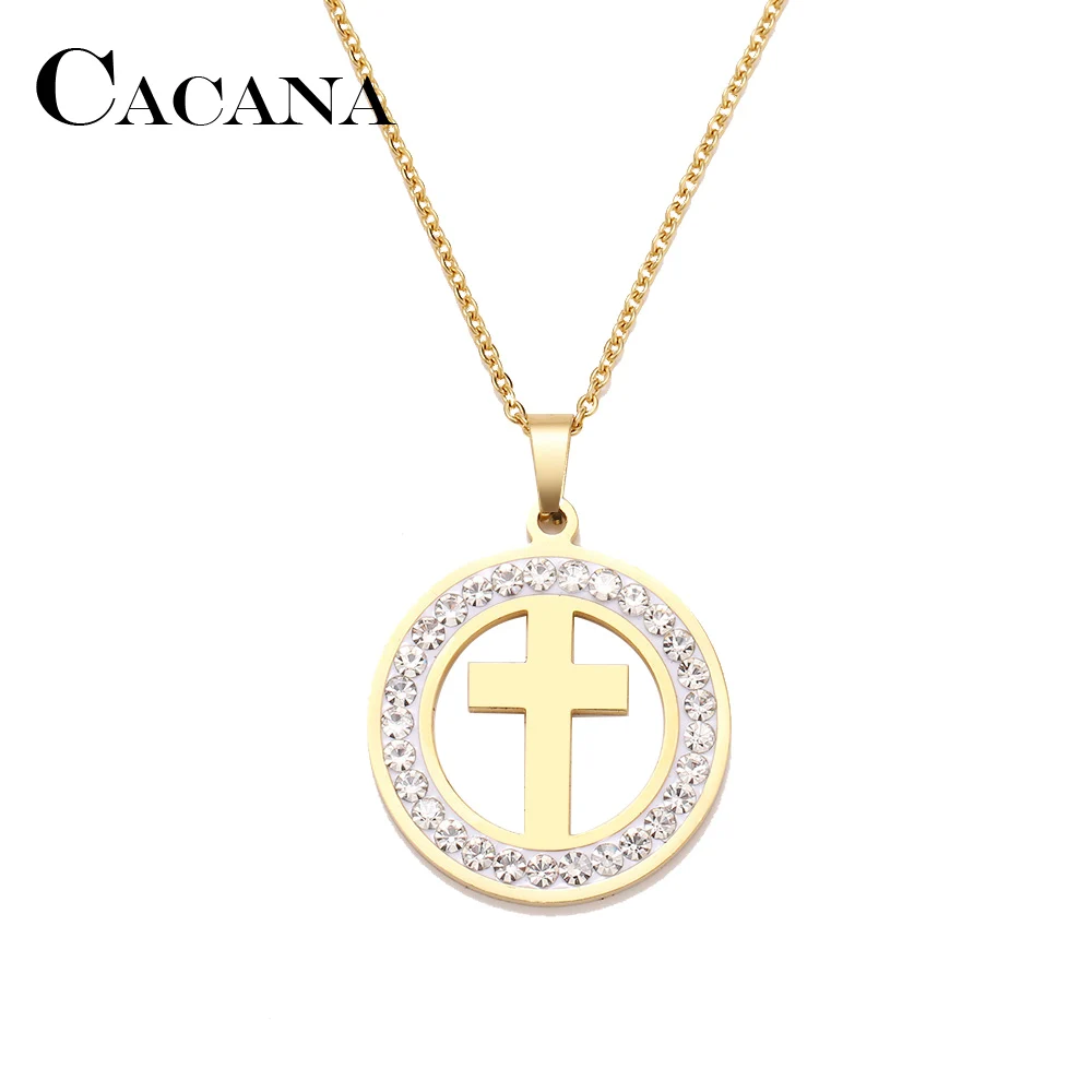 Cacana Stainless Steel Crystal Round Pendants Necklace Women Choker Jewelry Cross Trendy Necklaces Chain Valentine's Day