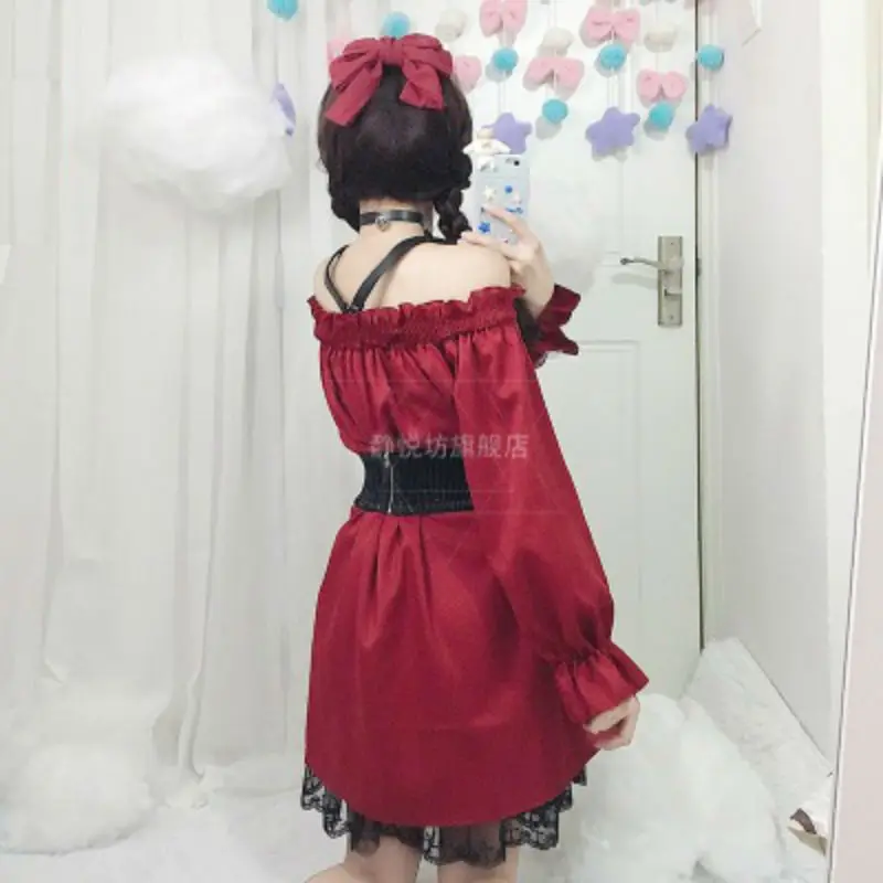Женское готическое платье в стиле Лолиты, японское платье в стиле Лолиты с высокой талией, винтажное платье с длинным рукавом и рюшами, платья с открытыми плечами, кружевные платья в стиле каваи Лолита