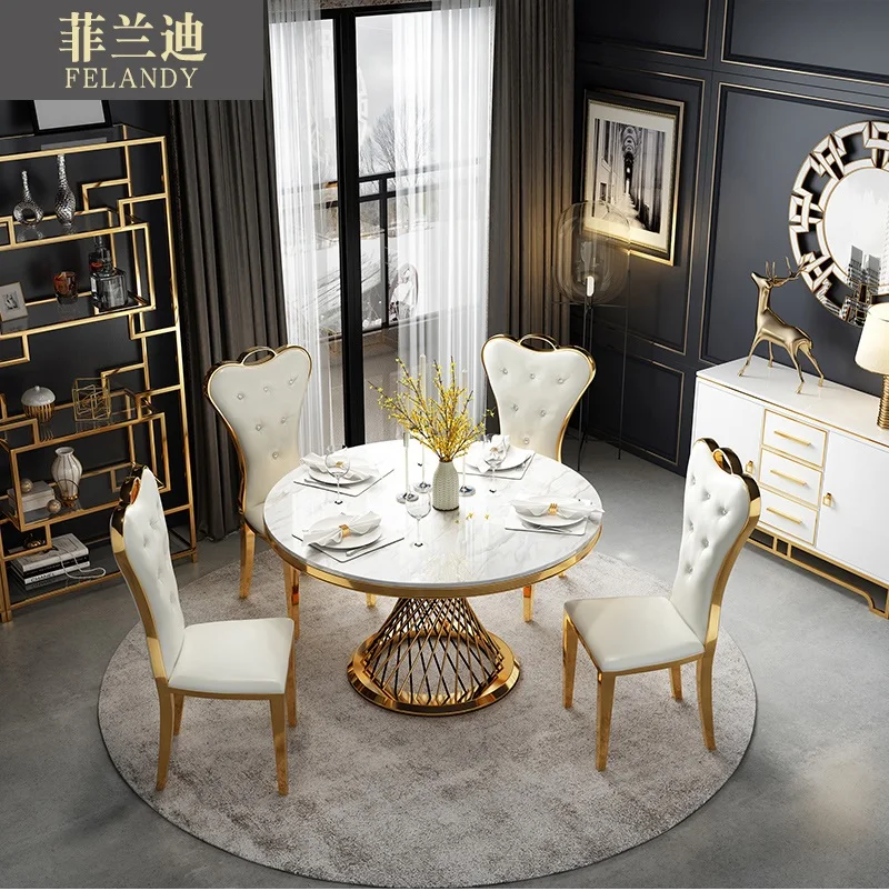 75cm High Metal Gilded Dinner Table / 130cm (4 1/4ft) Round Marble Top