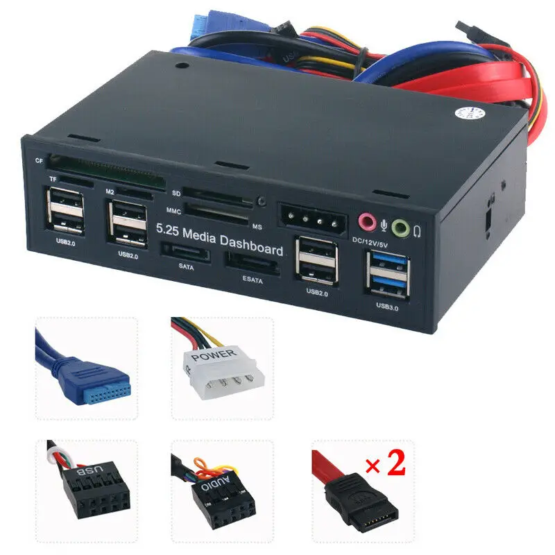 

5.25 PC USB 3.0 Hub Internal Card Reader Media Dashboard Front Panel Audio Y9N5