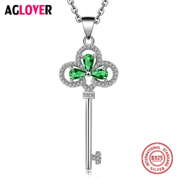 

AGLOVER Silver Key Necklace Charm Woman AAAA Zircon 925 Sterling Silver 50cm Chain Key Pendant Necklace Fashion Brand Jewelry