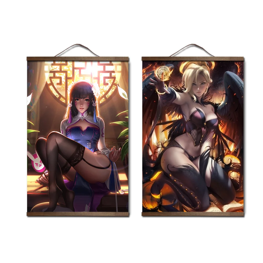 

overwatchs d.va mercy Brigitte decoration painting for Bedroom Home Decoration Living Room Decor with wood hanging scroll