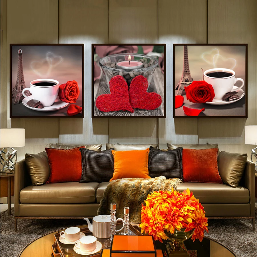 

DIY Diamond Painting Cross Stitch Kits Full Diamond Embroidery 5D Square Diamond Mosaic Decor rose,heart coffee triptych HD004
