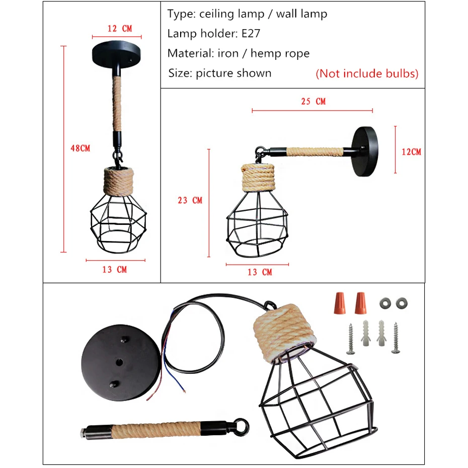 Креативный пеньковый Канат птичья клетка E27 потолочный светильник в стиле ретро Железный настенный и потолочный светильник двойного назначения для балкона лестницы ресторана бара