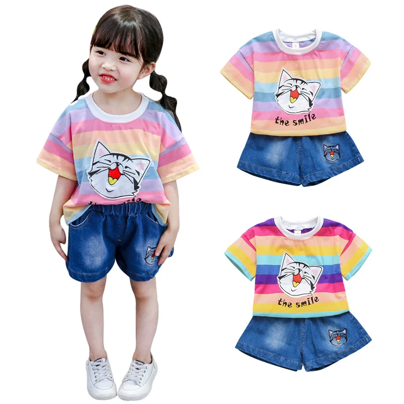 

Summer kid clothes for Girls Casual Striped Cartoon Pattern Short Sleeve Tops T-shirt+Shorts Suits Costume Set