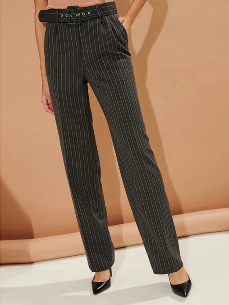 

Vintage Striped High Waist Pants Women 2019 Spring Summer Dark Gray Sashes Pockets Harem Pants Elegant Office Ladies Pants Femme