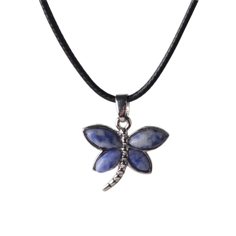 Natural Stone Dragonfly Pendant Necklace  Lapis Lazuli Amethyst Rose Quartz Dragonflies Womens Necklace Jewelry