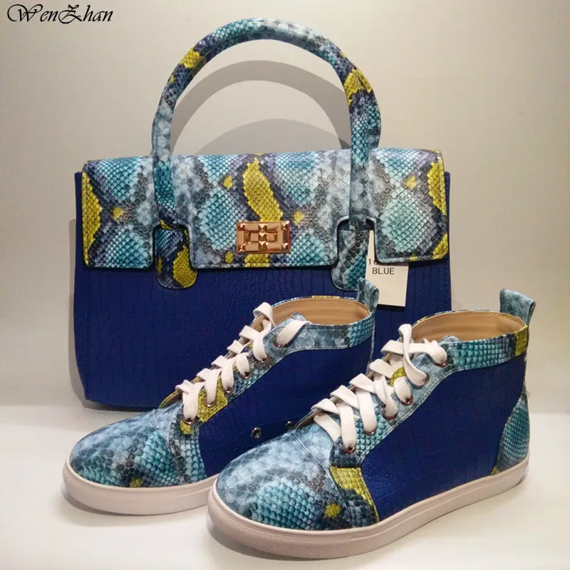 Latest Match Blue&Snake Leather Shoes With Handbag Sets Top Grade With Big Bag Hot Selling! 36-44 WENZHAN Wholesale A812-1