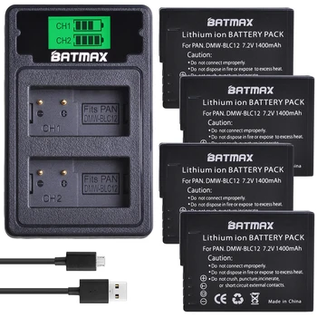 4X DMW-BLC12 BLC12 DMW-BLC12E DMW-BLC12PP Battery + LCD Dual Charger for Panasonic Lumix DMC-G85,FZ200,FZ1000,G5,G6,G7,GH2,GX8 1