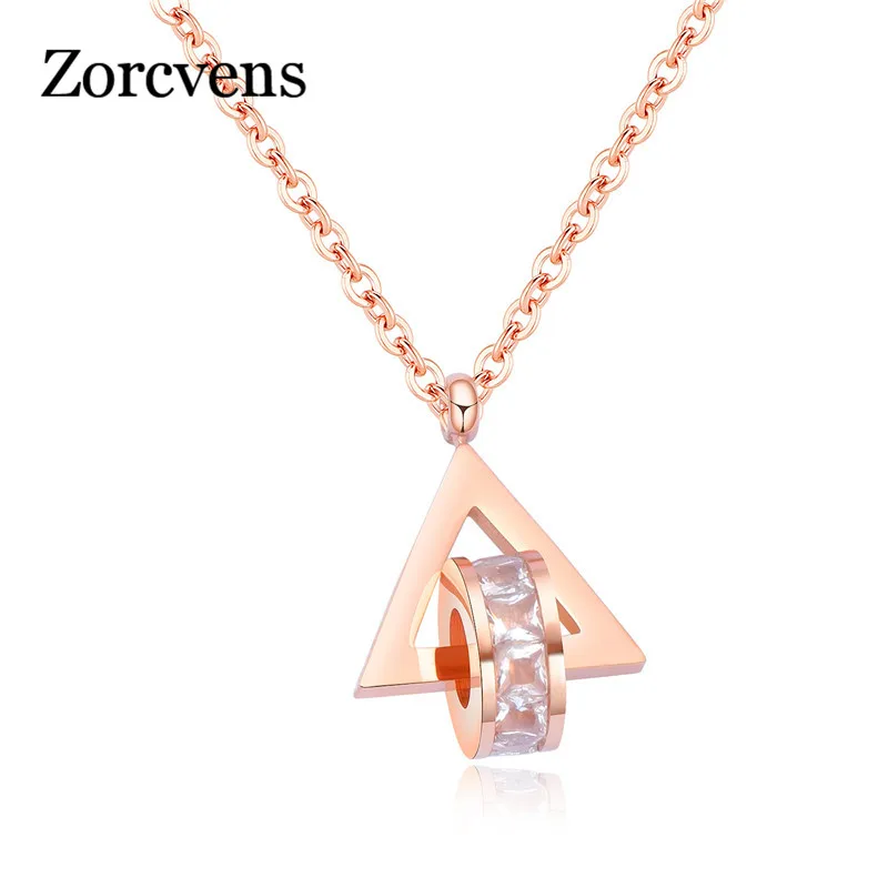 

ZORCVENS Fashion Rose Gold Color 316L Stainless Steel CZ Stone Triangle and Circle Pendant Necklace for Woman