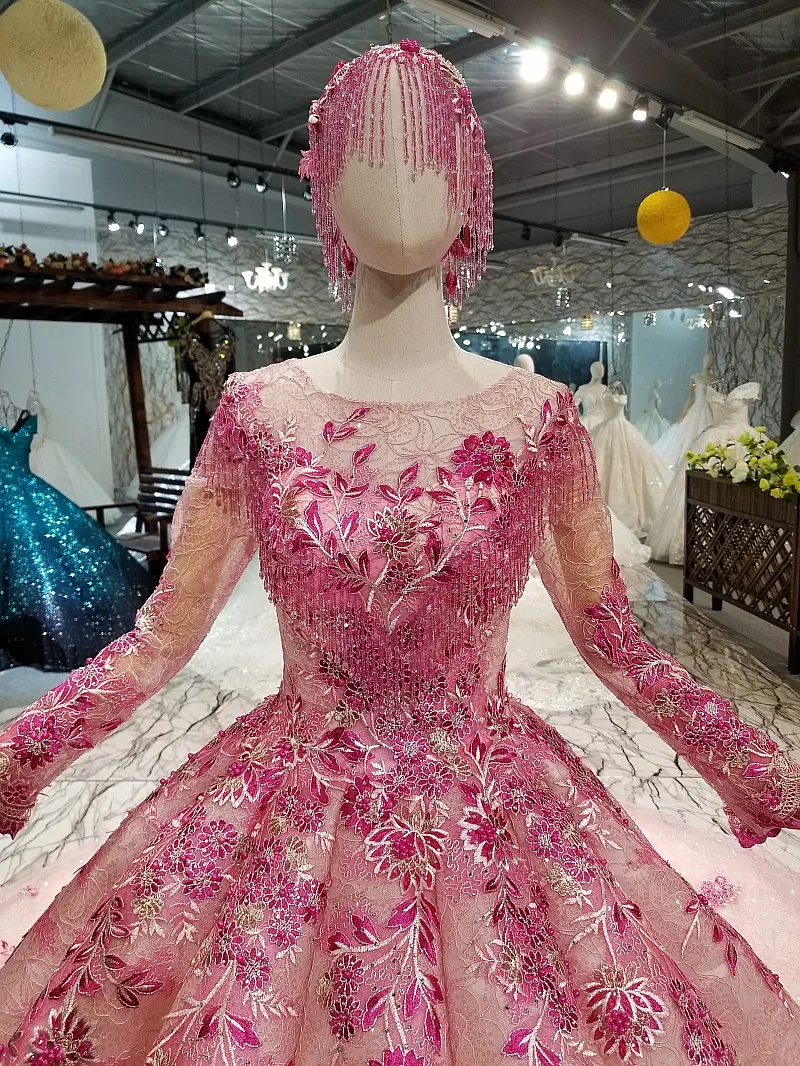 LS66880 muslim colorful cheap evening dress long sleeves o-neck pink flowers ball gown beauty girls pageant dress with headwear