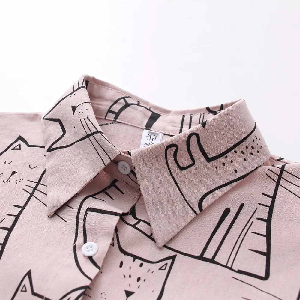 2019 New Arrival Cartoon Cat Print Button Up Blouse Long Sleeve Turn Down Collar Shirt Sweet Girls Loose Plus Size Top T93905F 6