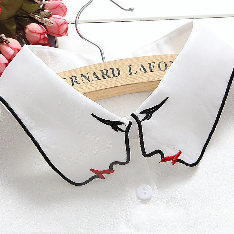 

Fashion Doll Women Face Embroidery False Collar Thin Chiffon Faux Col Half Shirt Blouse Sweater Croptop Collars Custom