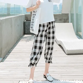 

Korean Style Women Casual Loose Plaid Print Lace Up High Waist Elastic Harem Pants Black Red Capris Fashion Femme Plaid Trouser