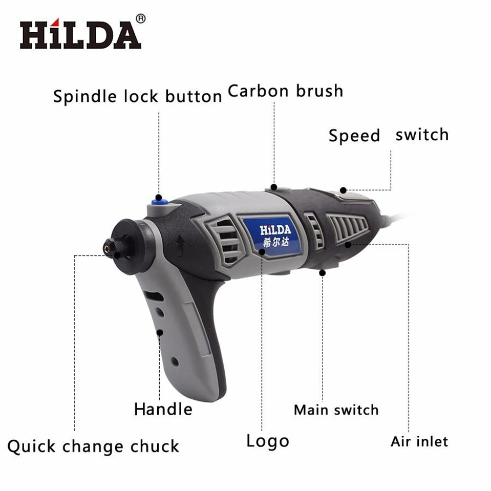 HILDA 220 В 180 Вт переменная скорость Dremel стиль Электрический Роторный электроинструмент Мини шлифовальный станок аксессуары набор столярные