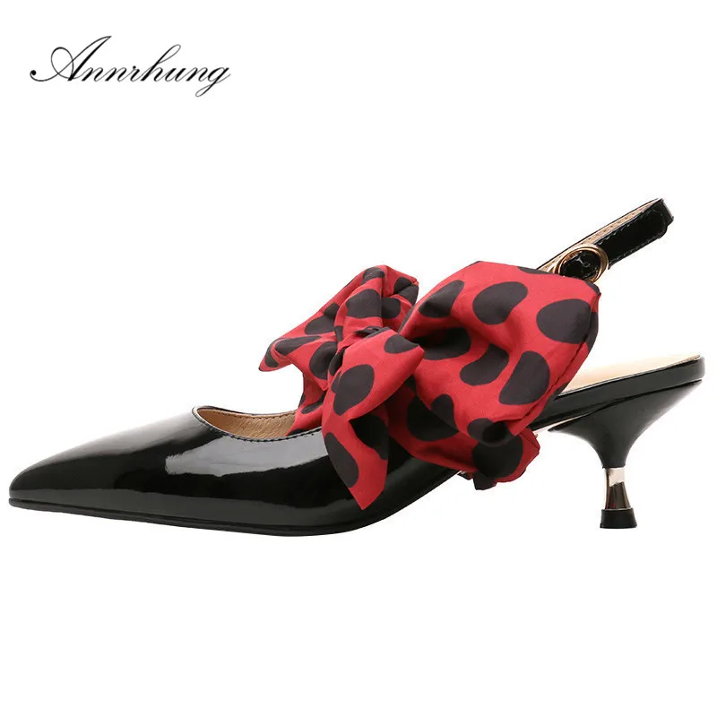 

Sweet Polka Dot Butterfly-knot Sandals Women Sexy Pointed Toe Kitten Heel Shoes Candy Color Patent Leather Summer Sandalias Lady