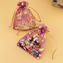 13x18cm Hot Pink Gift Bags 100Pcs/Lot Large Can Be Custom Logo Drawstring Packaging Organza Rose Printing Wedding Favors Bag