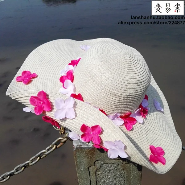 Летние женские складные Цветочные Широкие большие пляжный навес шляпа от солнца для родителей и детей соломенная шляпа пляжная кепка для женщин элегантные шляпы для девочек - Цвет: adult cherry B beige