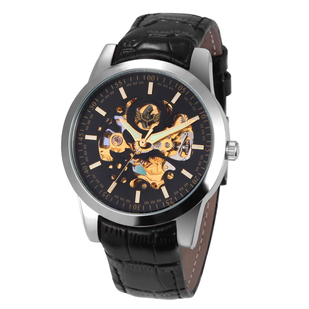 

Paradise 2017 Hot 1PC Men 100% brand new PU Leather Band Skeleton Mechanical Wrist Watch water resistance wholesale July22