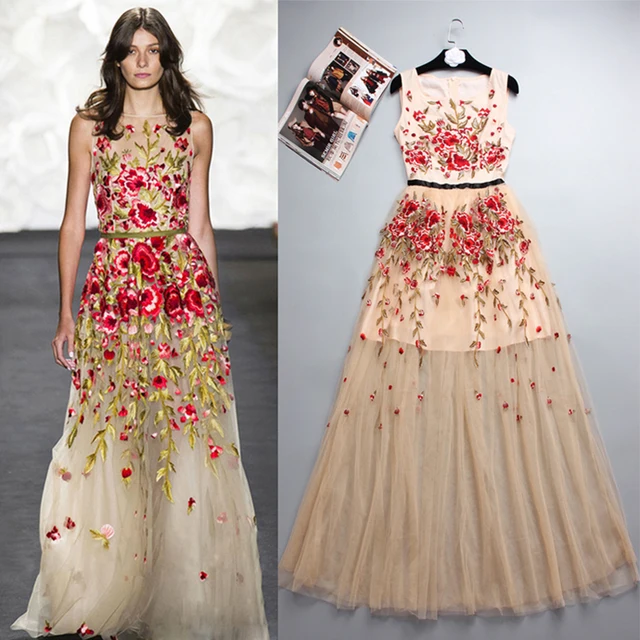 New Summer Runway Women Y Lace Dress Embroidery Flower New Summer Runway Women Y Lace Dress Embroidery Flower Sleeveless Sheer Maxi Long Beach Dresses Evening
