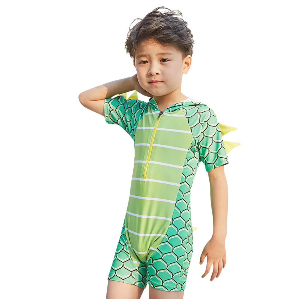 Детские купальники для мальчиков, Цельный купальник из полиэстера, купальный костюм, бикини, пляжные купальные костюмы с капюшоном и динозавром, одежда K327 - Цвет: 3-4 Years