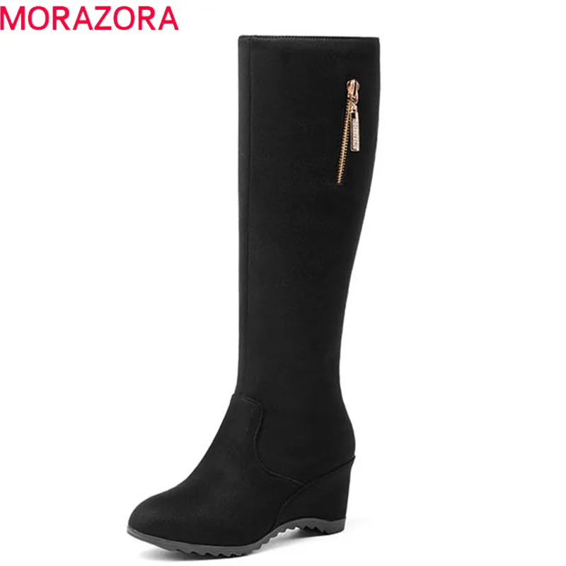 

MORAZORA 2018 new style round toe flock short plush autumn winter knee high boots zip simple dress shoes wedges high heel shoes