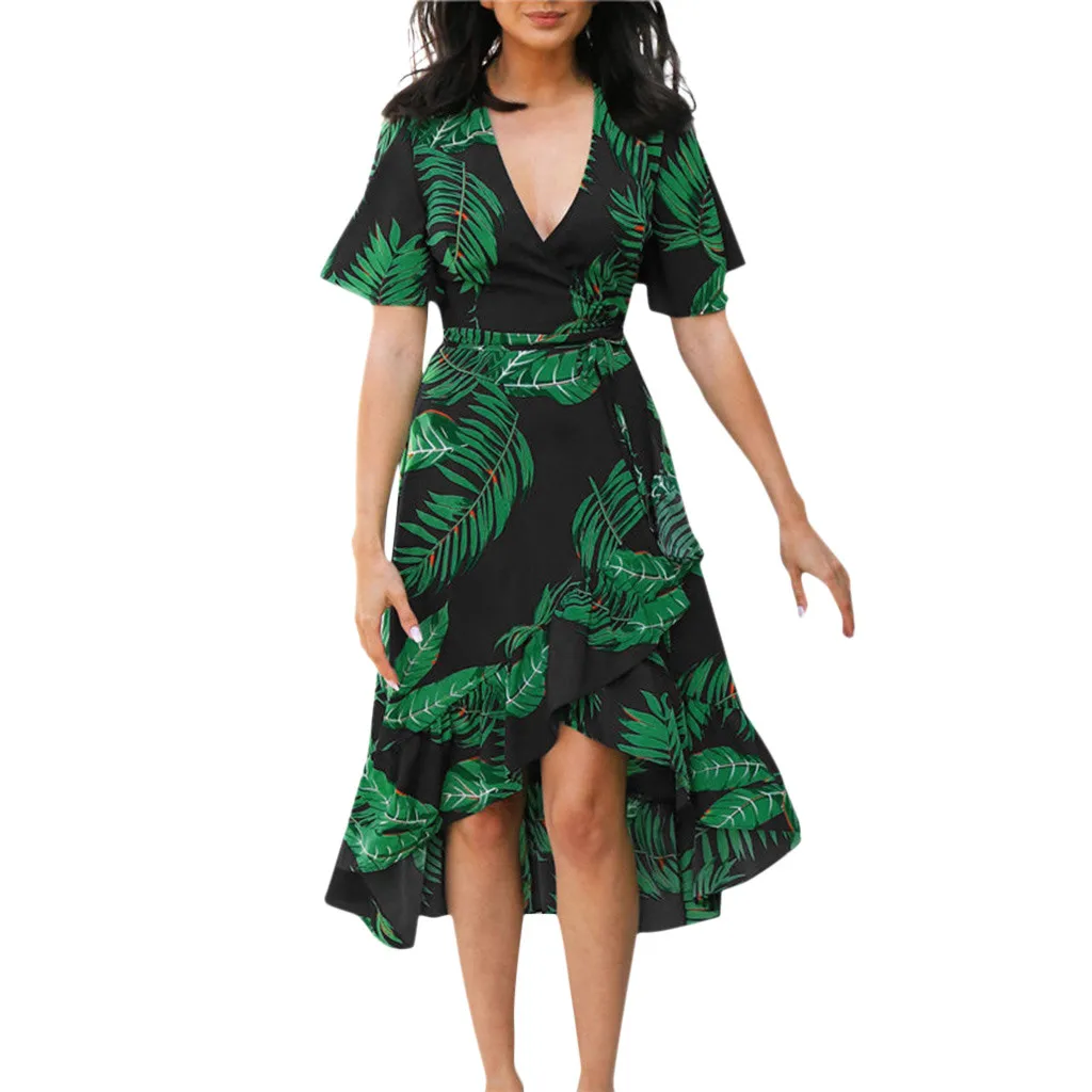 

Summer Dress 2019 Sleeve Casual Fashion Women Boho Dress Leaves Prints V Neck Waist Lace Up Short Sleeve Dress vestidos #N05