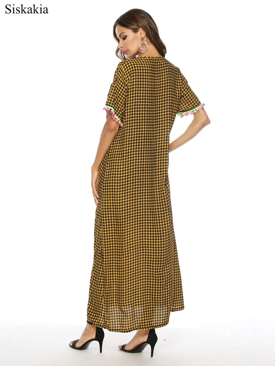 Siskakia Fashion Plaid Stripe Women Maxi Long Dress Print Tassel 3D Yellow Female Streetwear O neck Short Sleeve Loose Summer  (7)